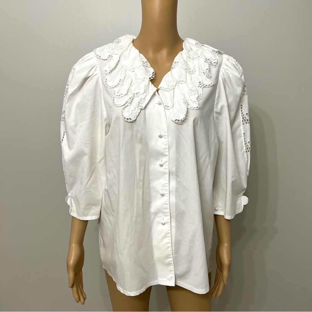Hess Frackmann Women Embroidered Cotton Ruffle Collar Blouse Size 42 (12 US)